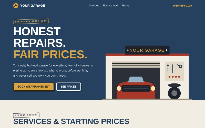 Screenshot of the Corner Garage template