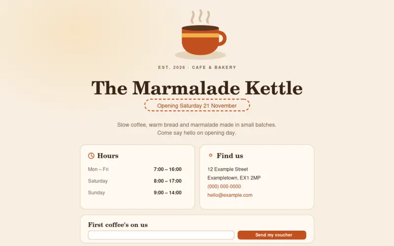 Screenshot of the Cafe Opening template