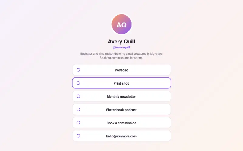 Screenshot of the Link in Bio template